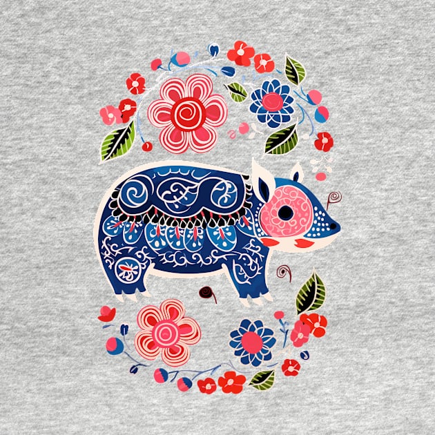 Polish Folk Art Design Cute Pig With Flowers by Piggy Boxer